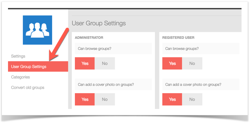 phpFox 4 User Manual > Enabling and Managing the Groups App > groups user group settings.png