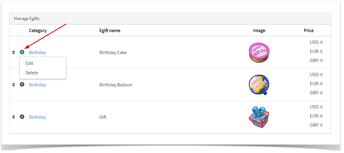phpFox 4 User Manual > Enabling and Managing E-Gifts > manage egift.png