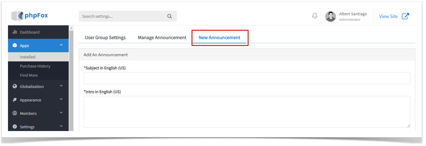 phpFox 4 User Manual > Adding and Managing Announcements > announcement.png